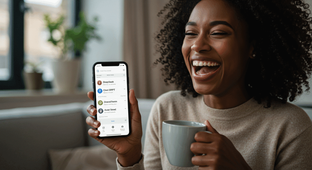 Black entrepreneur using free AI tool DeepSeek to write business content - joyful productivity hack